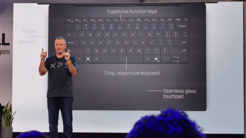 Jeff Clarke on-stage showing changes to XPS keyboard design