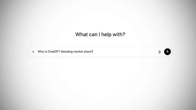 ChatGPT prompt box with "Why is ChatGPT bleeding market share?" written in it