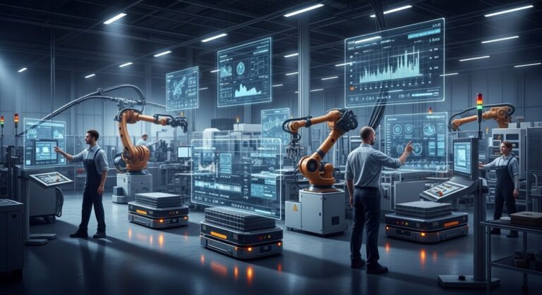 Industrial automation in Europe - Modern European factory with unified digital industrial automation interfaces.