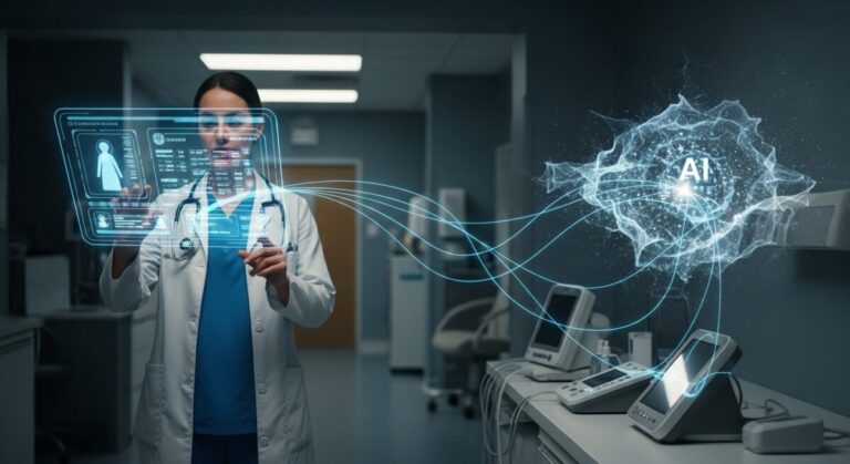 Protecting patient data with AI - Image of a clinician reviewing secure digital patient records in a modern AI-enabled hospital environment