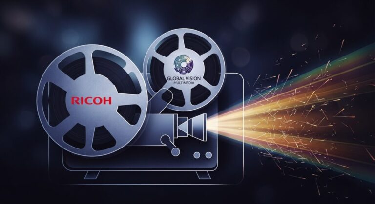 Ricoh GVM Partnership shown by Generate abstract image of a two-reel movie projector with Ricoh logo in one reel and Global Vision Multimedia logo in the other