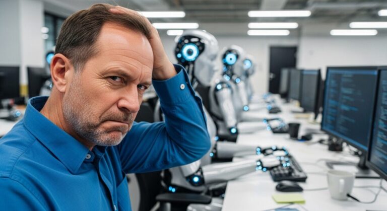 IT manager AI fears shown by him sitting in front of AI robots coding