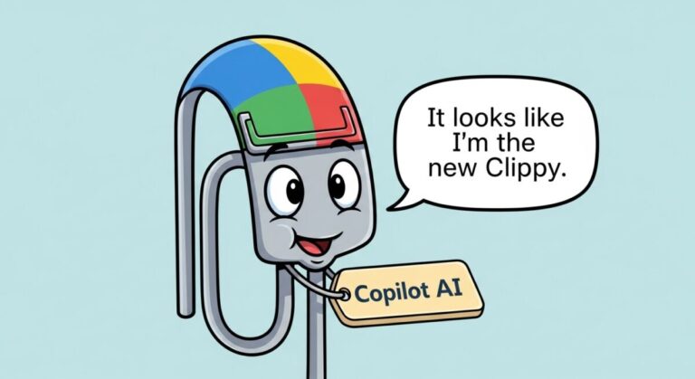 Cartoon style image: icon for Copilot AI in the foreground in similar style to Microsoft Clippy (add a tag that makes it clear it's Copilot AI). Speech bubble says: "It looks like I'm the new Clippy!"