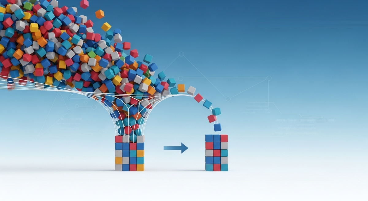 Data represented by hundreds of multicoloured blocks being compressed into a much smaller block