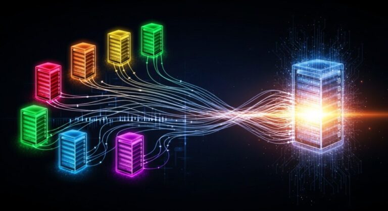 Server consolidation abstract to indicate consolidation of servers from seven to one thanks to advancing technology