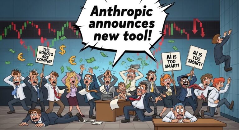 anthropic investor panic shown by cartoon of traders selling shares desperately