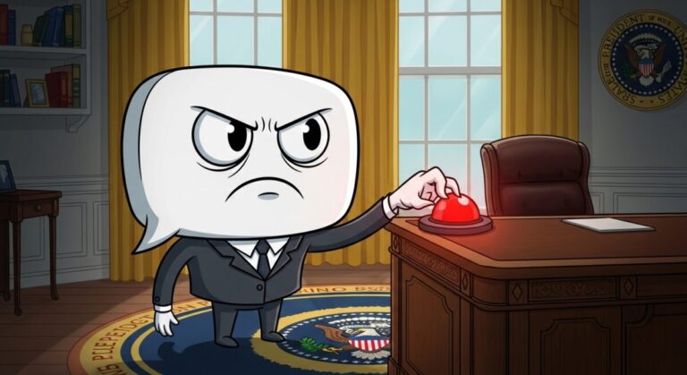 View from the valley: Cartoon of upset-looking ChatGPT about to press red nuclear button in Oval Office