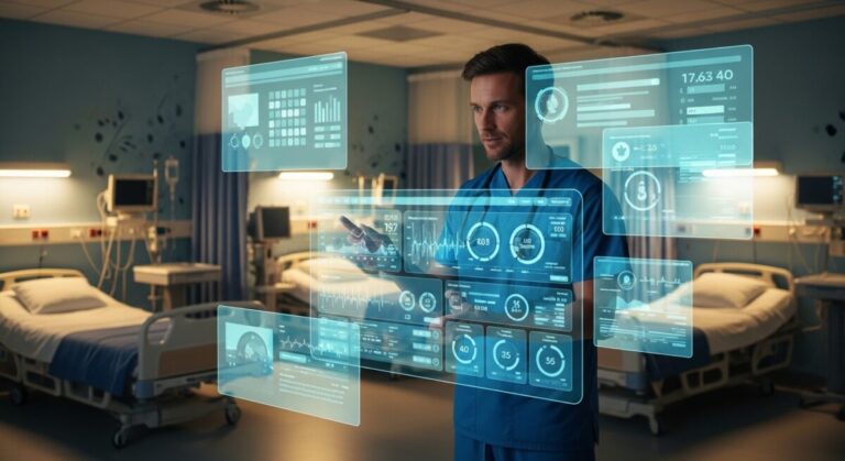The forgotten interface: digitising the human-data interaction in healthcare - Clinician reviewing digital patient data on a hospital system interface