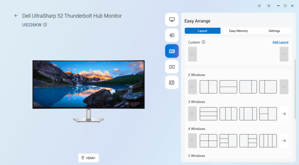 Dell Display and Peripheral Manager showing Easy Arrange functions