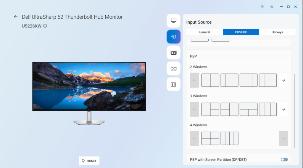 Dell Display and Peripheral Manager showing PIP/PBP functions