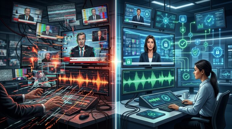 Media trust in the age of AI - Split image showing manipulated digital media on one side and verified, secure content on the other
