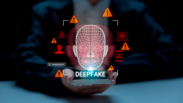 AI-driven identity threats shown by concept of deepfake technology and facial recognition misuse, showing cybersecurity threats, digital identity fraud, and the risks of AI-generated face manipulation in online systems.