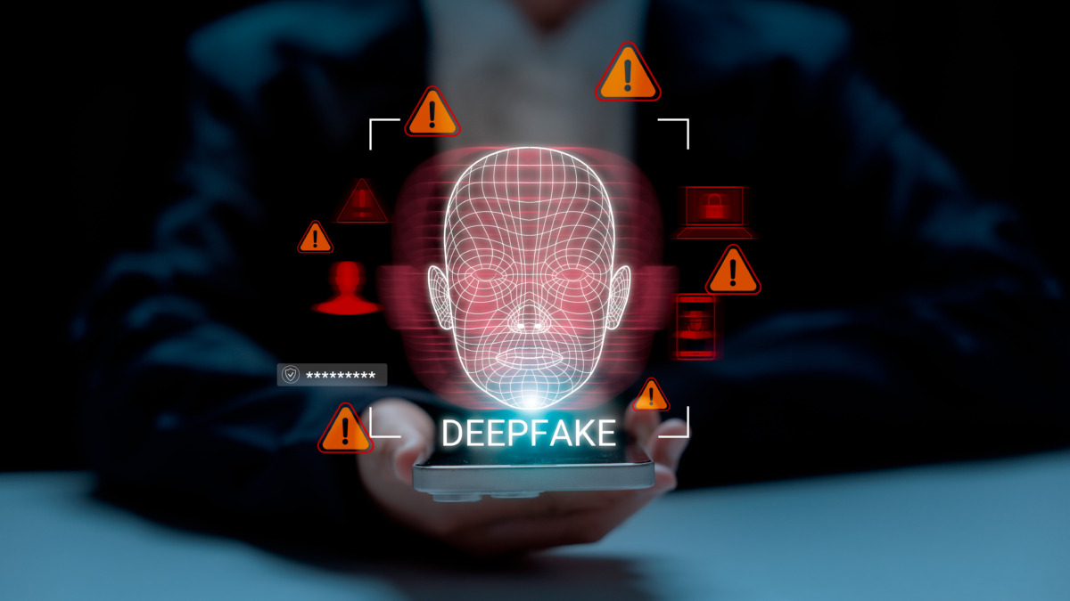 AI-driven identity threats shown by concept of deepfake technology and facial recognition misuse, showing cybersecurity threats, digital identity fraud, and the risks of AI-generated face manipulation in online systems.