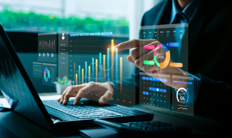 Key functions of accounting software: financial data visualization with digital charts and analytics dashboard, showing business growth, performance metrics, and innovation, representing financial analysis, big data, business intelligence