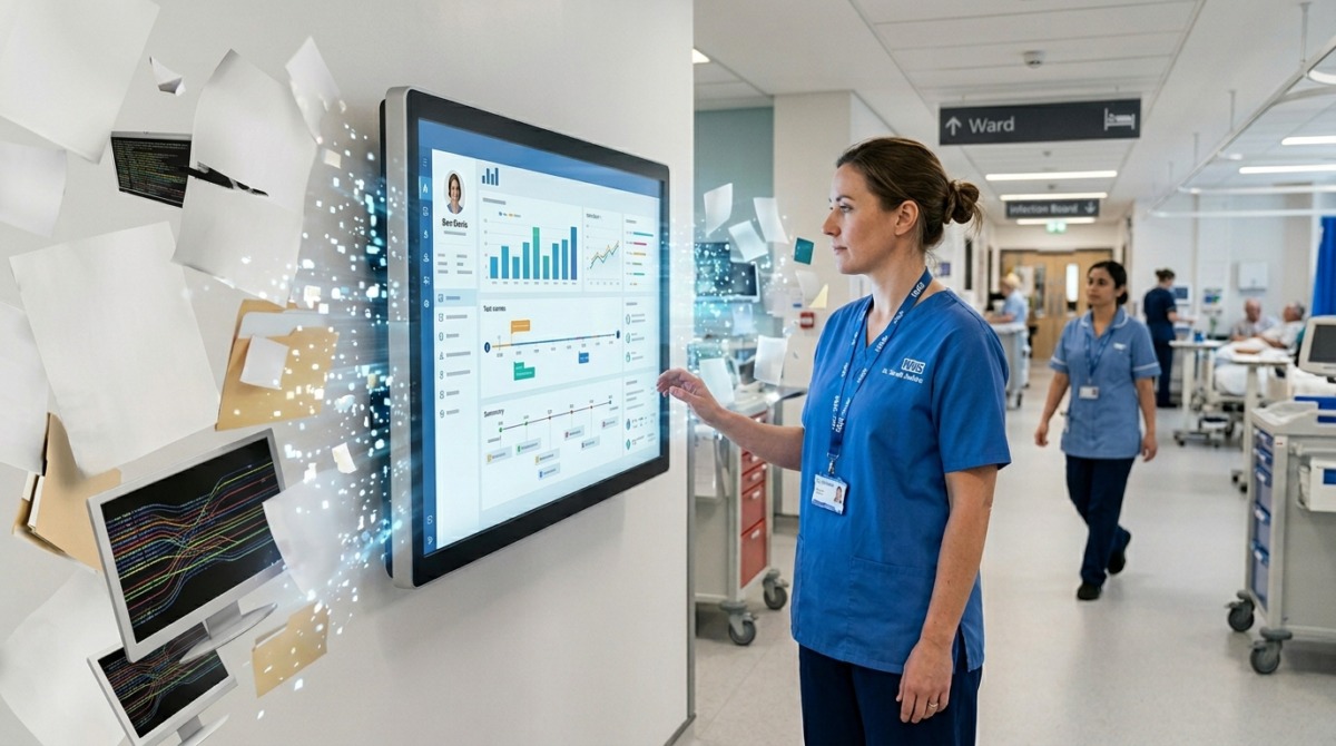 Digital Transformation in the NHS - Clinician viewing a unified digital patient record as fragmented paper and systems merge into one interface
