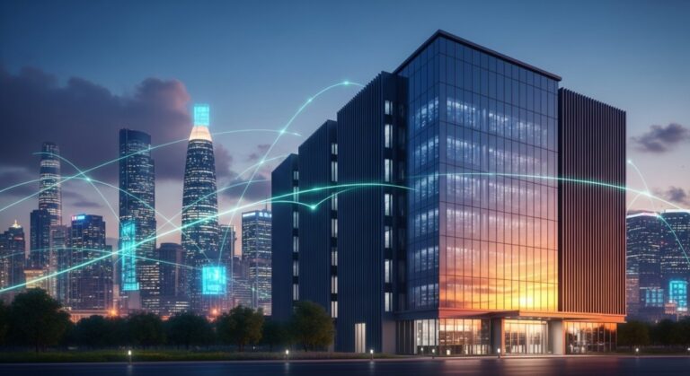 Security as critical infrastructure - Modern data center powering a connected digital city at dusk