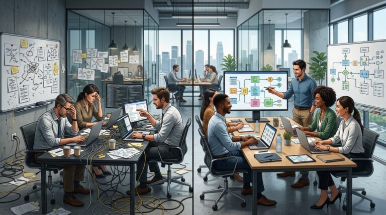 Digital transformation fails long before technology is involved - Split scene showing a chaotic disconnected tech team on one side and a coordinated collaborative team on the other