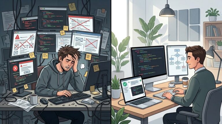AI instructions vs output quality - Split scene showing chaotic vs structured workflows, highlighting the impact of unclear versus clear AI instructions.