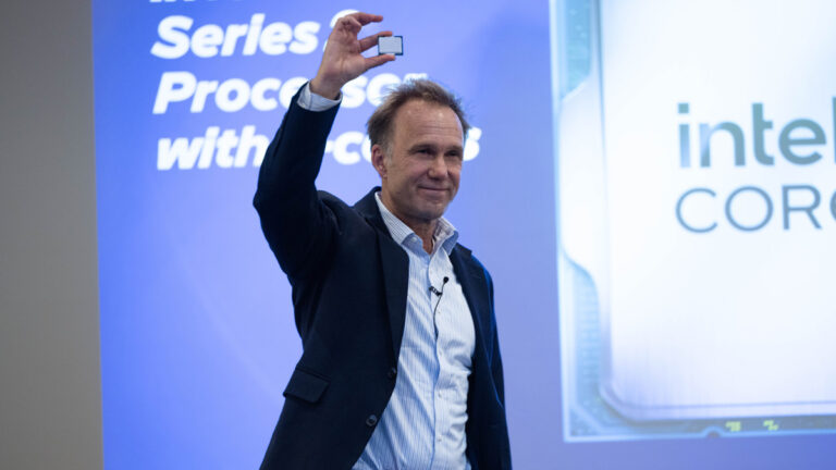 Dan Rodriguez, corporate vice president, Edge Computing Group at Intel, displays an Intel Core Series 2 processor with P-cores at Embedded World 2026 in Nuremberg Germany.
