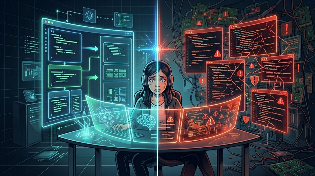 AI-generated code risks - split illustration of AI-generated code evolving from clean structure to complex and vulnerable through iterative changes.