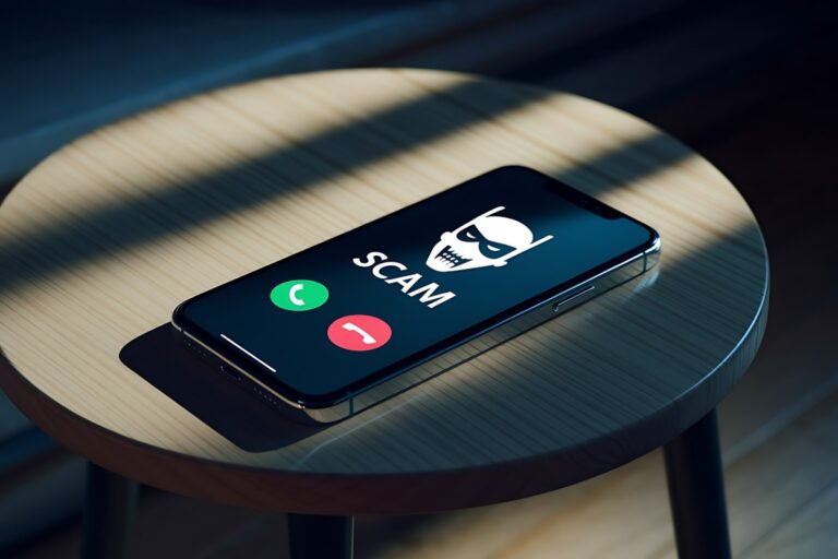 okta vishing illustrated by phone with SCAM caller buzzing on table