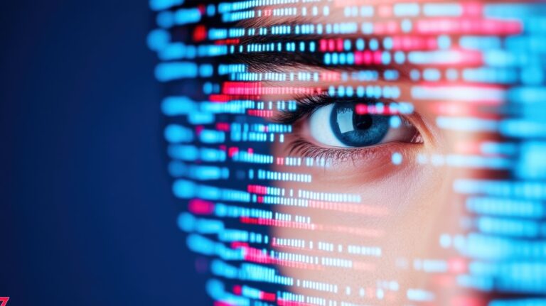 tech skills changing shown by lines of code light up a mans features, embodying the fusion of tech, data, and evolving digital identities.
