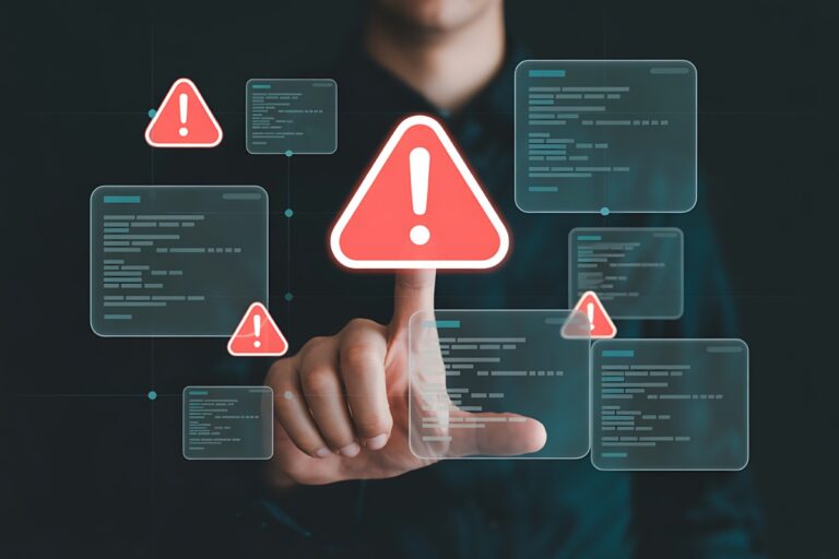 System warning alert on virtual interface with hand interaction. Concept of cybersecurity risk, data breach, malware, hacking, IT failure, and digital system vulnerability in modern technology.