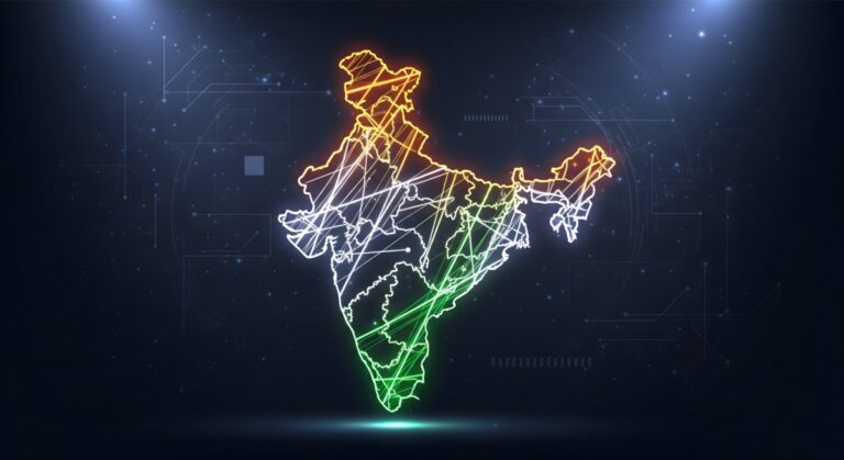 AWS SHI India AI partnership shown by Futuristic glowing map of India with digital network connections.
