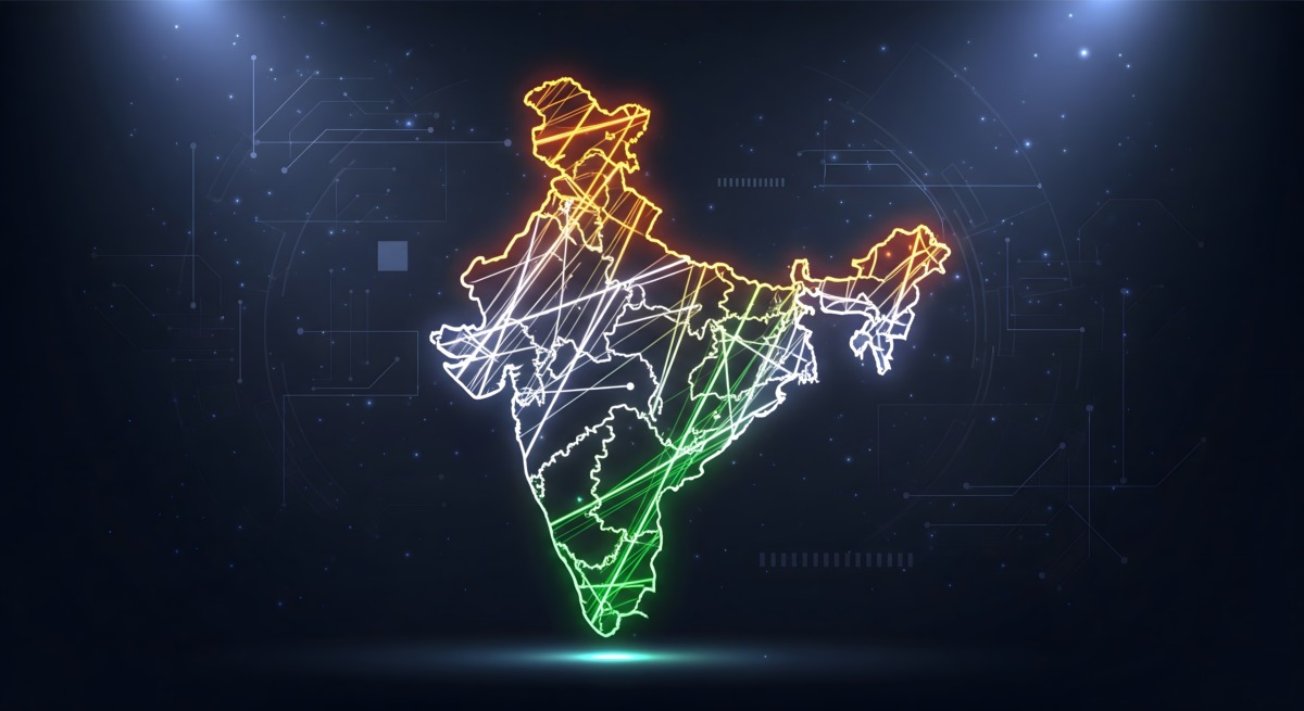 AWS SHI India AI partnership shown by Futuristic glowing map of India with digital network connections.