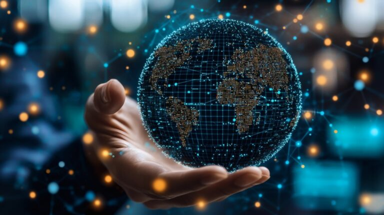 digital sovereignty strategy shown by Hand holding glowing digital world map globe with orange teal bokeh background for cybersecurity industry
