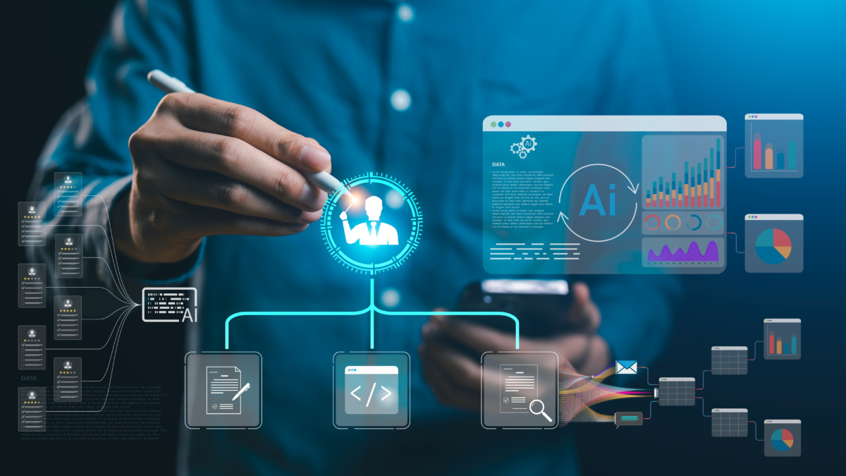 Agentic ERP shown by and directing complex AI multi agent orchestration workflow. System displays data analysis, coding assistance, HR managerial labor automation screens. SaaS enterprise digital solution