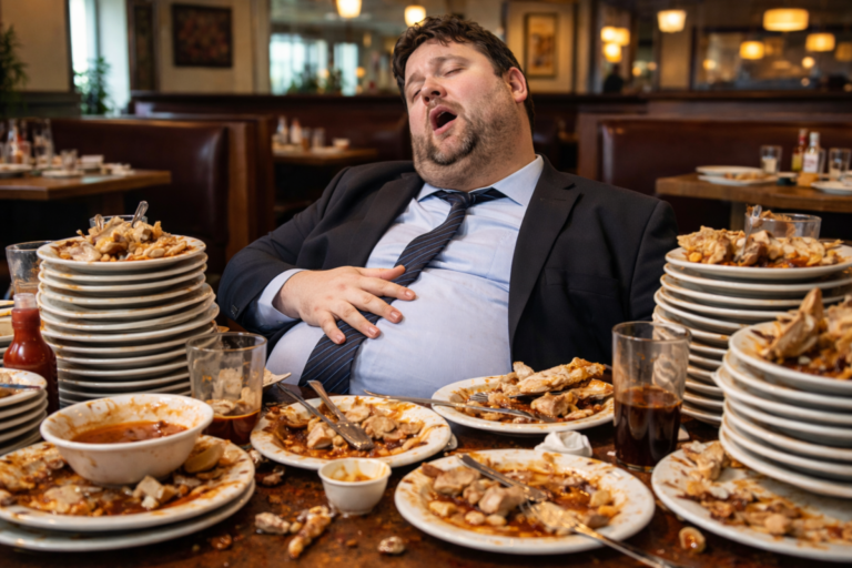 Man sat with lots of empty plates piled up