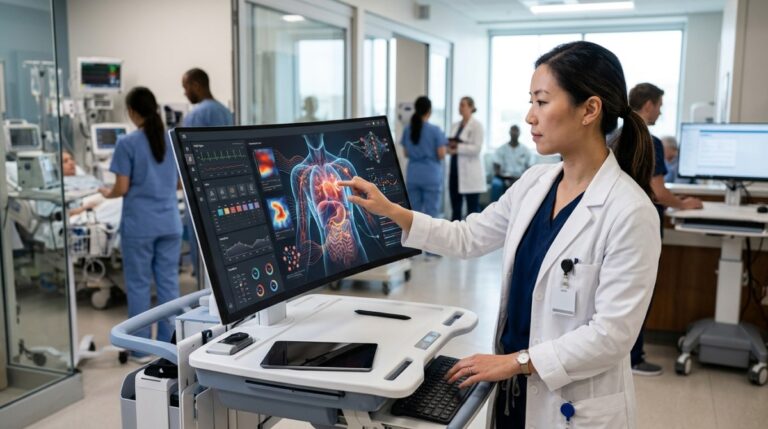 Digital intuition in healthcare - Clinician using digital system with AI insights in modern hospital