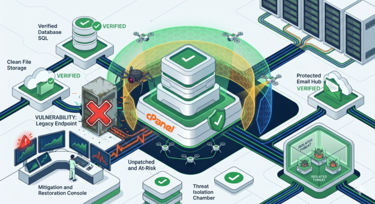 cpanel zero-day vulnerability illustrated by schematic of protection with vulnerability allowing in attackers
