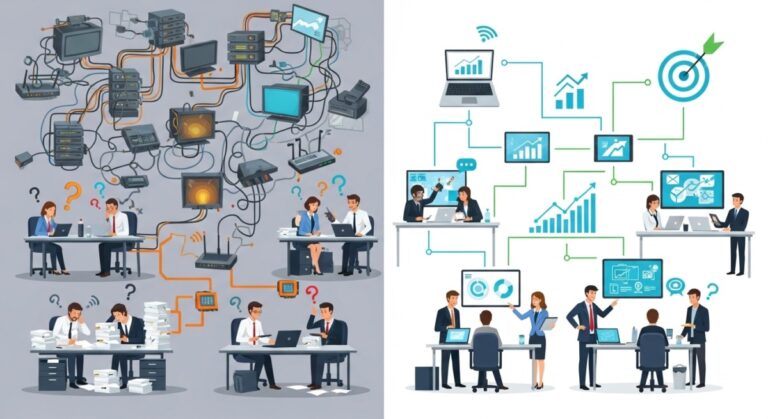 Business aligned technology roadmap - Split image of disconnected vs aligned business and technology systems