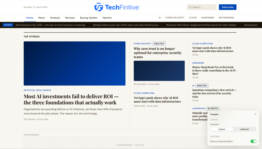 Claude Design's revamped design of the TechFinitive website