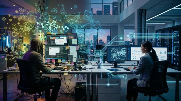 Vibe coding and SaaS - Contrast between messy AI-generated software environment and structured, reliable SaaS systems