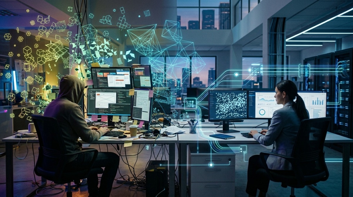 Vibe coding and SaaS - Contrast between messy AI-generated software environment and structured, reliable SaaS systems