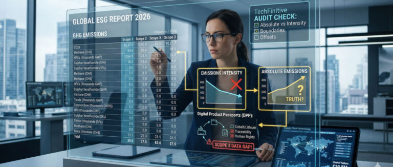 greenwashing esg shown by a professional woman in a modern office analyzing a futuristic transparent digital display titled "Global ESG Report 2026." The screen features complex data tables for Scope 1, 2, and 3 greenhouse gas emissions, a comparison chart showing "Emissions Intensity" vs. "Absolute Emissions," and a "TechFinitive Audit Check" checklist. A tablet on the desk displays a global supply chain map and a "ยฃ10.5M Penalty" warning, illustrating the high stakes of ESG data forensics.