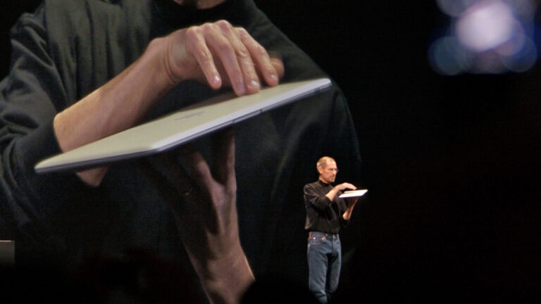 Steve Jobs demos one of the world's most influential laptops, the MacBook Air, in 2008