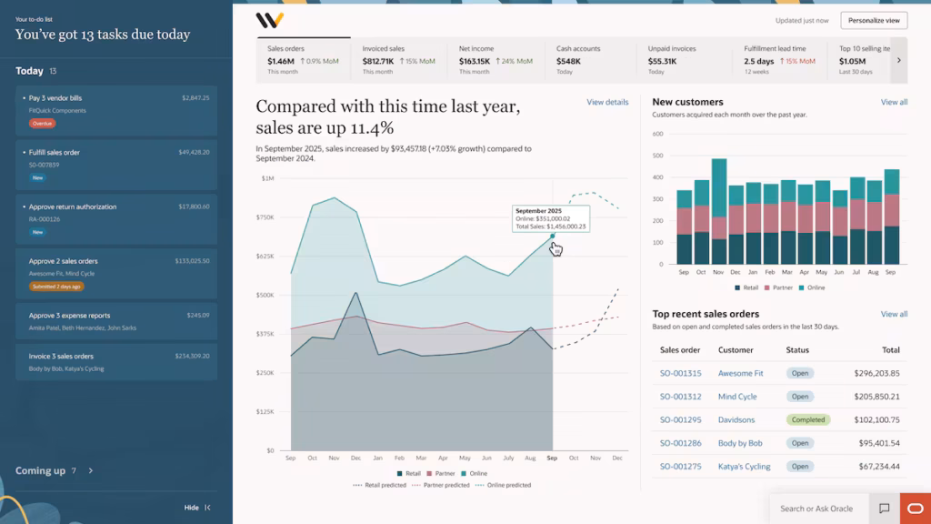 An early look at NetSuite Next with an "Ask Oracle" dialog baked in at the bottom right