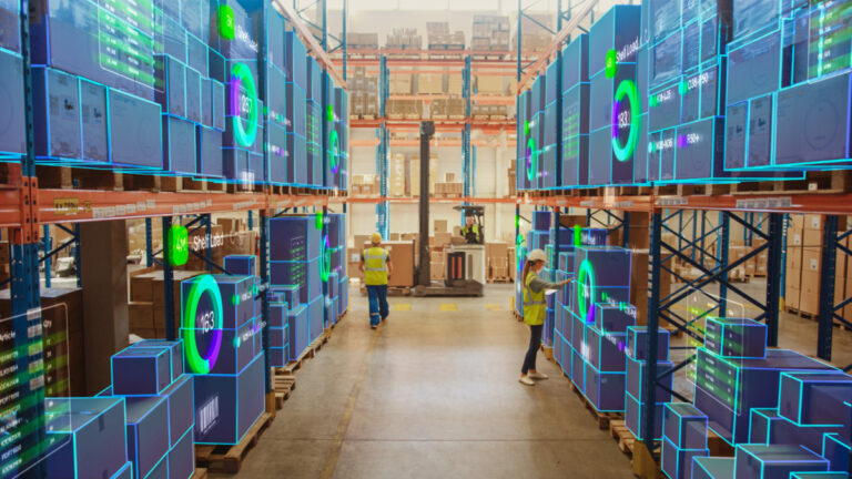 Infor WMS - Robotic Vision Concept in a Warehouse: Workers Managing Inventory at Logistics Center. Holographic Data Overlays on Boxes and Providing Insights, AI Optimizing Productivity in a High Tech Environment