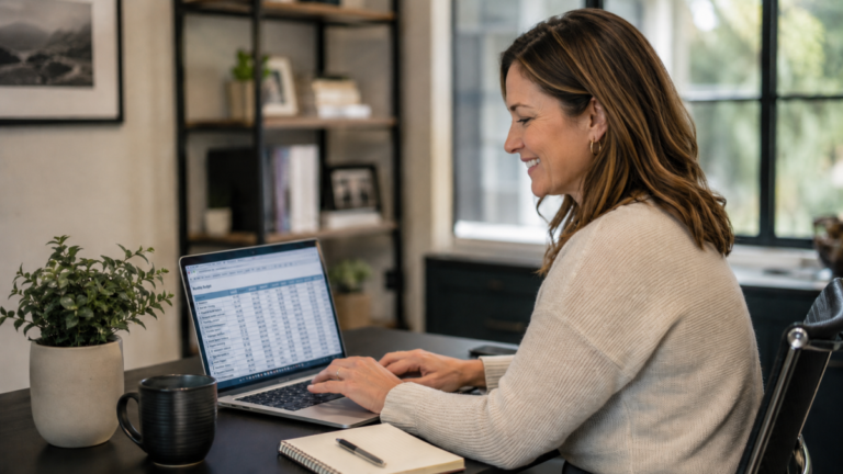 ChatGPT in Excel illustrated by woman working on a spreadsheet on a laptop