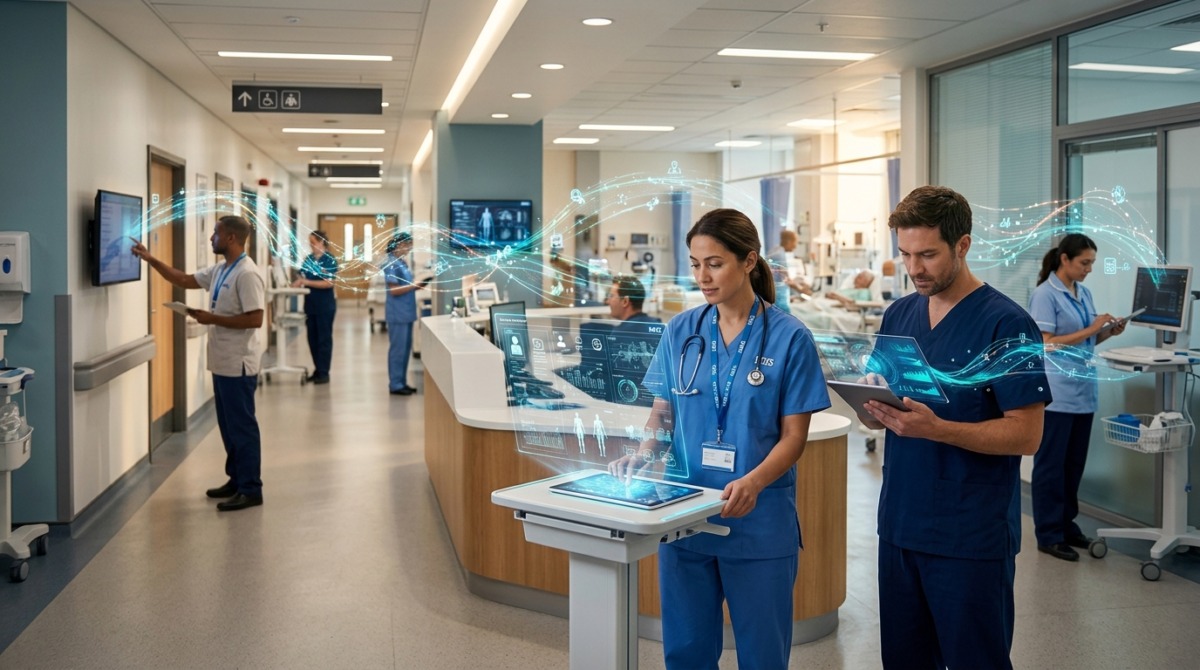 Data integrity in healthcare systems - Clinicians interacting with secure digital healthcare systems symbolising trust and data governance