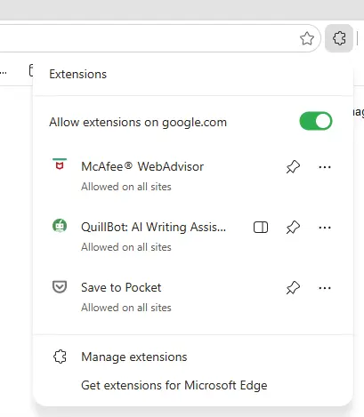 Extensions in the Edge browser