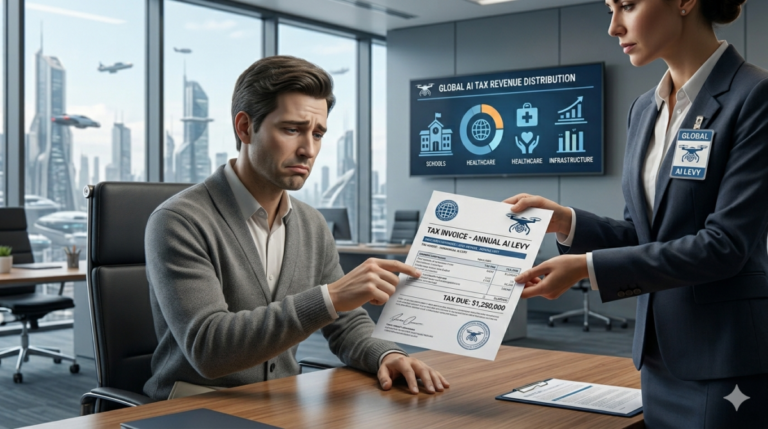 AI boss being given a tax bill and looking sad
