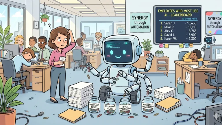 amazon busywork: light-hearted image of office to illustrate the idea of AI doing pointless work - include a leaderboard showing "Employees who most use AI" in the background