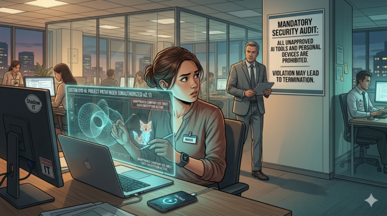 16:9 image to illustrate the concept of "Bring your own AI" - that is, workers using AI in their business without permission
