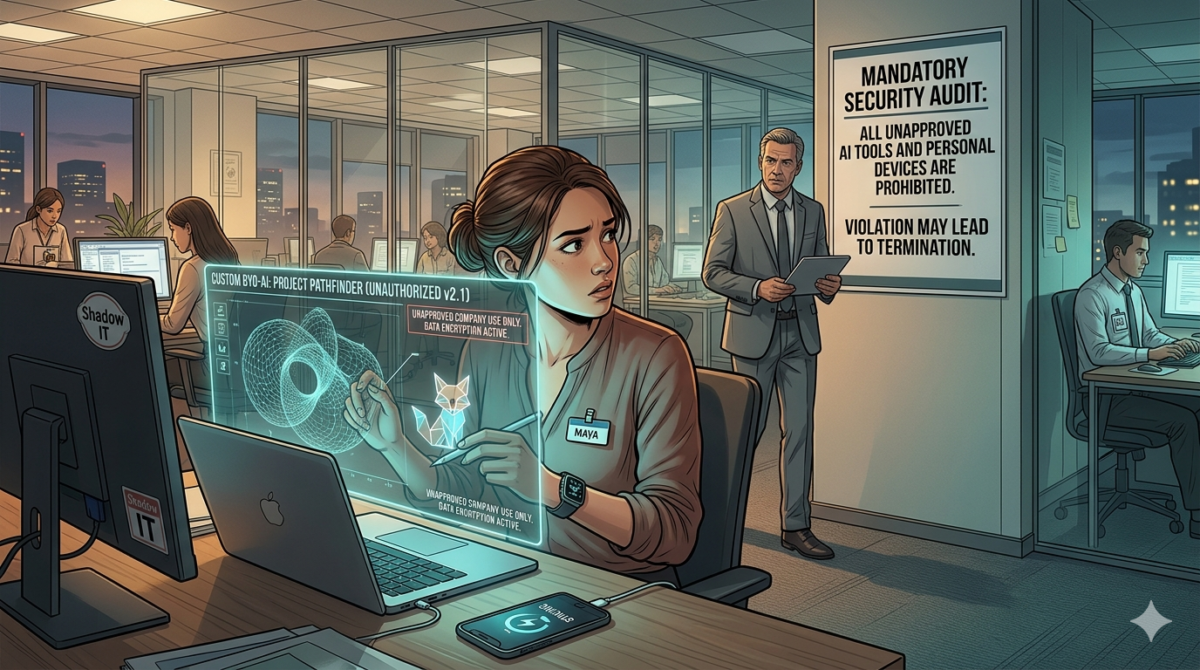 16:9 image to illustrate the concept of "Bring your own AI" - that is, workers using AI in their business without permission