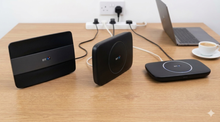 Image of three BT routers on a table